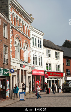 UK, Cornwall, Launceston, Market Square, shops in pedestrianised area Stock Photo