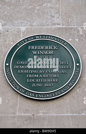 plaque marking the site of  the first demonstration of street lighting by coal gas, in 1807 in pall mall, london, england Stock Photo