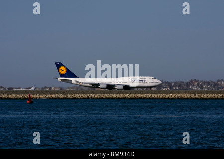 Boeing 747-400-Lufthansa D-ABTH on tarmac with engines running waiting for permission to take off. Stock Photo