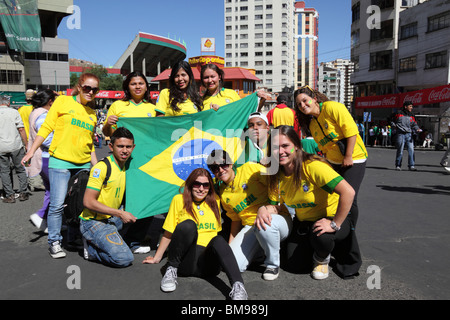 Brazilian football fans follow their team for a qualifying match for the 2014 World Cup played on 11 October 2009, La Paz, Bolivia Stock Photo
