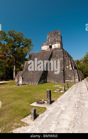 Temple II and Grand Plaza, Tikal mayan archaeological site, Guatemala. Stock Photo