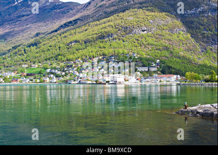 The Beautiful Norwegian Fjord Town of Aurland on Aurlandsfjorden with Hillside Houses  in Norway Europe Stock Photo