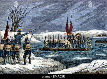 Continental Army crossing the Delaware River at night to attack Trenton, December 1776. Hand-colored woodcut Stock Photo