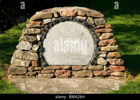 Mendip Hills, Area of outstanding natural beauty sign, stones, Wookey Hole, Somerset, UK Stock Photo