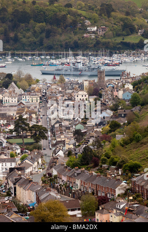 UK, England, Devon, Dartmouth, elevated view of town,Type 23 Navy frigate HMS Kent moored on River Dart Stock Photo