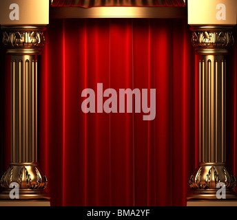 red velvet curtains behind the gold columns made in 3d Stock Photo