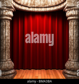 red velvet curtains behind the stone columns made in 3d Stock Photo