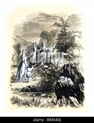 Illustration from John Bunyan's The Pilgrim's Progress; Christiana and her Children on the Way to the Delectable Mountains Stock Photo