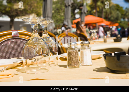 Table at outdoor cafe, South Beach, FL, USA Stock Photo