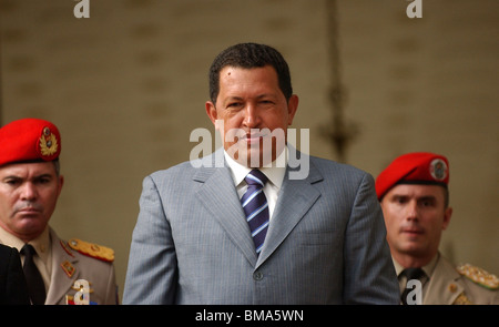 Venezuela's President Hugo Chavez salutes to journalists in Miraflores Palace in Caracas, Venezuela Stock Photo