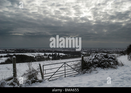 January snow comes to the South Downs National Park north of Worthing on the south coast of England. Stock Photo