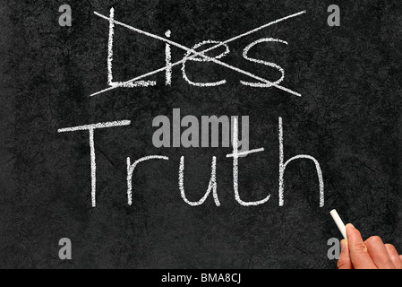 Crossing out Lies and writing Truth on a blackboard. Stock Photo