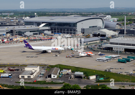 Dublin International Airport terminals and aircraft stands seen in the cargo area across the apron. Ireland Dublin Stock Photo