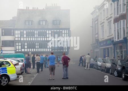 Lower Street during serious fire in May 2010 from the Quay, Dartmouth, Devon, England, United Kingdom Stock Photo