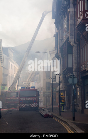 Dartmouth town centre showing Lower Street during a serious fire on 28th May 2010, Devon, England, United Kingdom Stock Photo