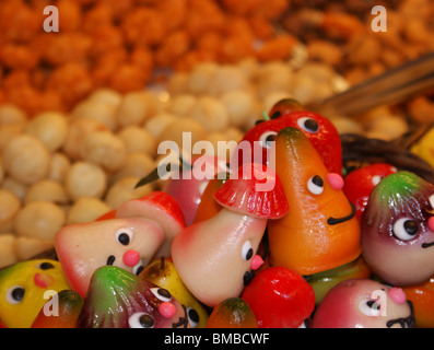 HAPPY MARZIPAN FRUITS ON DISPLAY ON A MARKET STALL IN BARCELONA Stock Photo