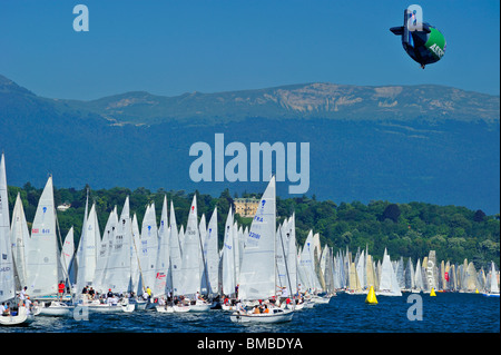 An airship flying over the start of the Annual Bol d'Or sailing race on Lac Léman (Lake Geneva) Switzerland Stock Photo