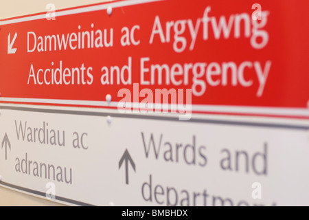 A sign for accidents and emergency in Aberystwyth Bronglais hospital, shot with a shallow depth of field. Stock Photo