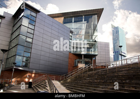 The Bridgewater Hall, Barbirolli Square, with the Hilton Hotel, Beetham Tower in the background, Manchester, UK