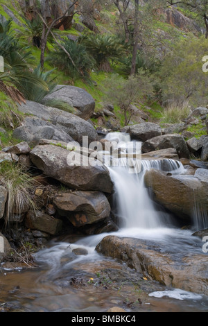 A rocky stream with a small waterfall in the Western Australian bush Stock Photo