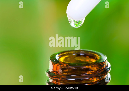 Macro shot of a pipette over a bottle, with fresh foliage in the background.