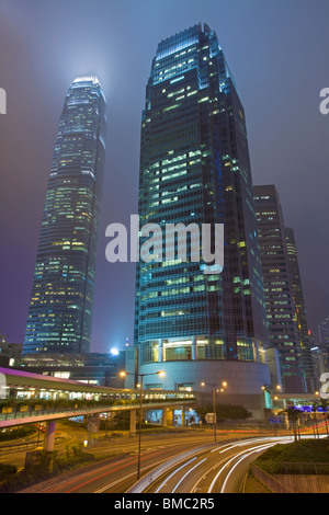 Traffic light trails in Central Hong Kong at night, Hong Kong Island, Hong Kong, China Stock Photo