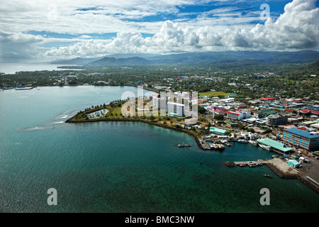 Aerial view of Apia town centre, harbour and fishing boat marina, Upolu, Samoa Stock Photo