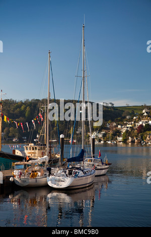 UK, England, Devon, Dartmouth, South Embankment, sailing boats moored at main pier in early morning Stock Photo