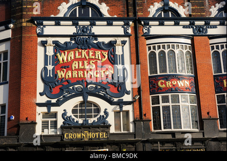 Ornate sign on the Crown Hotel situated on the corner of Skelhorne and Lime Streets, Liverpool. Stock Photo