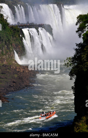 Macuco safari raft boat, going up Iguassu river, Floriano falls in Brazil side taken from Argentina Stock Photo