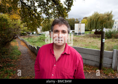 Laurie Kubiak, who has sucessfully campaigned for 3 years to save Roding Valley village Green (seen behind him) Stock Photo