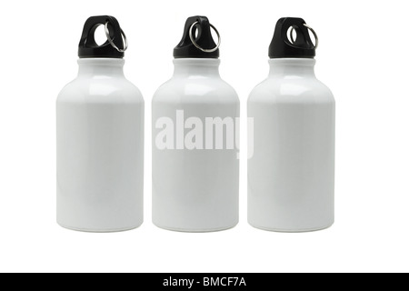 Three metal water containers arranged on white background Stock Photo