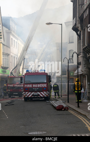 Lower Street during serious fire in May 2010, Dartmouth, South Hams, Devon, England, United Kingdom Stock Photo