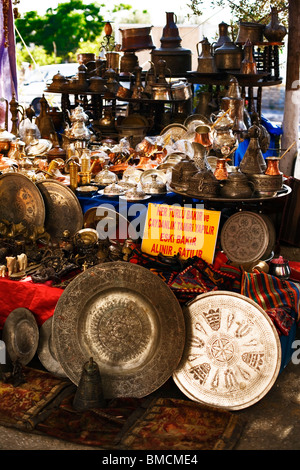 Modern antique metal-work stall, main market , Bodrum, Turkey Stock Photo