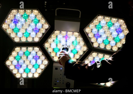 Multi colored theatre lights in one of the operating theatres at the new Queen Elizabeth Super Hospital, Selly Oak, Birmingham, Stock Photo