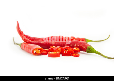Sliced red chillies on white Stock Photo