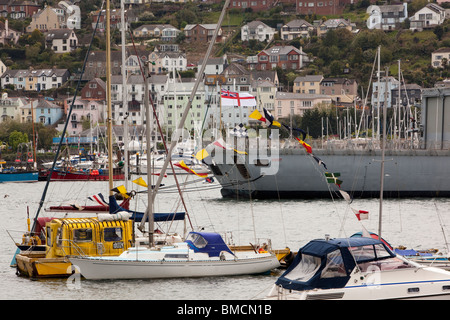 UK, England, Devon, Dartmouth, HMS Kent, Type 23 Royal Navy Frigate on River Dart Stock Photo