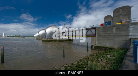 The Thames Barrier as seen from the south side of the river, at Charlton. Stock Photo