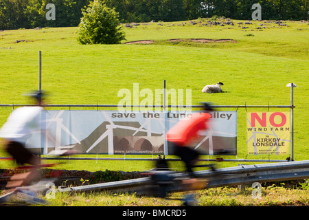 Banners protesting against a potential wind farm development near Kirkby Lonsdale, Cumbria, UK. Stock Photo