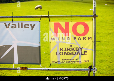 Banners protesting against a potential wind farm development near Kirkby Lonsdale, Cumbria, UK. Stock Photo