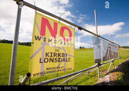 Banners protesting against a potential wind farm development near Kirkby Lonsdale, Cumbria, UK. Stock Photo