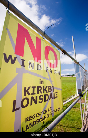 Banners protesting against a potential wind farm development near Kirkby Lonsdale, Cumbria, UK. Stock Photo