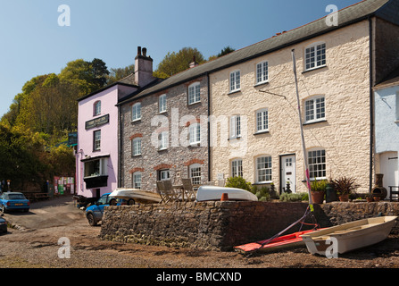 UK, England, Devon, Dittisham, Ferry Boat Inn colourfully painted riverside, houses on the Quay Stock Photo