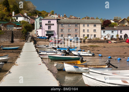 UK, England, Devon, Dittisham, yacht tenders moored in front of colourfully painted riverside houses on the Quay Stock Photo