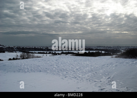 January snow comes to the South Downs National Park north of Worthing on the south coast of England. Stock Photo