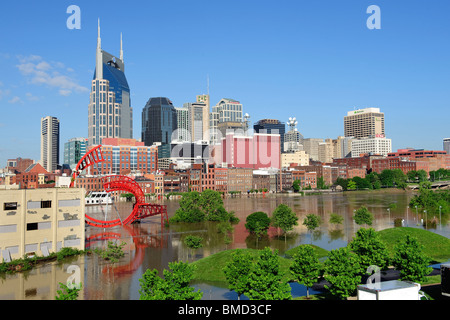 View across the Cumberland River in downtown Nashville TN towards the NFL  team Titans' Nissan stadium with Ghost Ballet art Stock Photo - Alamy