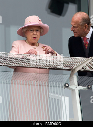 Britain's Queen Elizabeth II and Prince Philip, the Duke of Edinburgh at Epsom race course for the Derby horse race in 2009 Stock Photo