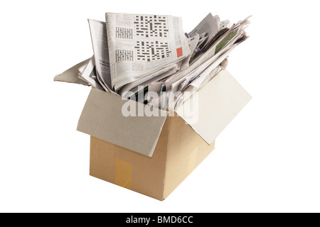 Old Newspapers in Cardboard Box Stock Photo