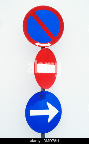 Confusing road signs indicating direction and no entry Portugal EU Europe Stock Photo