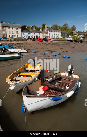 UK, England, Devon, Dittisham, yacht tenders moored in front of colourfully painted riverside houses on the Quay Stock Photo